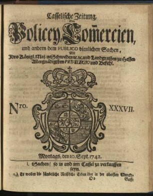 Nro. XXXVII, Montags, den 10. Sept. 1742