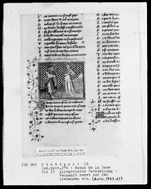 Guillaume de Lorris und Jean de Meun, Roman de la Rose sowie Le Testament und le Codicile von Jean de Meun — Die Vernunft redet auf den Liebenden ein, Folio 23recto