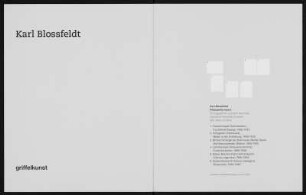 Mappe Karl Blossfeldt: Pflanzenformen II. Edition Griffelkunst : Karl Blossfeldt: Pflanzenformen. Edition Griffelkunst. Mappe aus grauem Karton mit dunkelblauem Rücken, darin sieben Handvergrößerungen auf Silbergelatinepapier vom Originalnegativ aus dem Nachlass in der Deutschen Fotothek, 8-seitiges Begleitheft mit einem Text von Jens Bove. Einmalige Auflage für die Griffelkunst Hamburg, 2016, H 31,7 x B 26,3 x D 2,5 cm. Dresden: SLUB/DF 2024.D.2