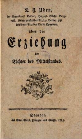 Ueber die Erziehung der Töchter des Mittelstandes
