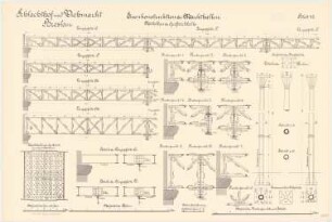 Schlachthof und Viehmarkt, Breslau Eisenkonstruktionen der Markthallen (im Mittelbau der Grossviehhalle): Grundriss 1:500 Längspfetten 1:20 Knotenpunkte 1:10