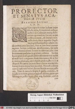 Prorector Et Senatus Academiae Iuliae Benevolo Lectori S.P.D. : [P.P. in Acad. Iulia, sub eius maiore Sigillo XII Kal. Septemb. anno MDCXLIX.]