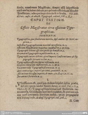 CAPUT TERTIUM. De Officio Magistratus circa officinas Typhograhicas.
