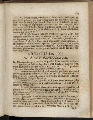 Articulus XI. De Motu Pendulorum.