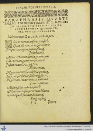 Paraphrasis Quarti Psalmi Poenitentialis, et L. Davidis in Finem…