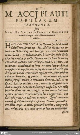 M. Acci Plauti Fabularum Fragmenta, sive Loci Ex Amissis Plauti Comoediis maximam partem à Grammaticis citati