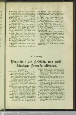 IV. Abteilung. Berufsklassen und Gewerbebetriebe : IV. Abteilung. Verzeichnis der Geschäfte und selbständigen Gewerbetreibenden