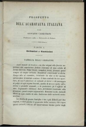 Prospetto Dell' Acarofauna Italiane Parte I. Oribatini e Gamasini