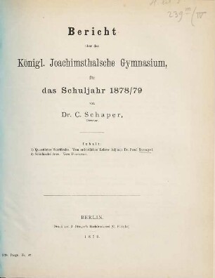 Bericht über das Königl. Joachimsthalsche Gymnasium : für das Schuljahr ..., 1878/79