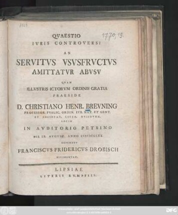 Qvaestio Ivris Controversi An Servitvs Vsvsfrvctvs Amittatvr Abvsv