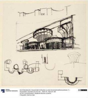 Skizzenblatt mit Studien zu einer Eisenbahnbetriebszentrale (?) - Perspektive, Grundriß und vier Details
