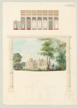Jagdschlösschen Monatskonkurrenz Juni 1843: Längsschnitt Halle, Querschnitt, Perspektivische Ansicht, Detail Hallensäule mit Deckenträger; Maßstabsleiste
