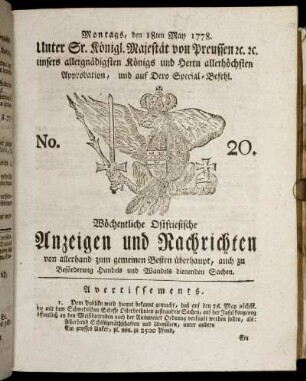 No. 20. Montags, den 18ten May 1778.