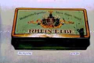 Blechdose für "100 Cigaretten 'RHEIN-ELBE', Westdeutsche Cigaretten-Fabrik Hagen i/Westf."