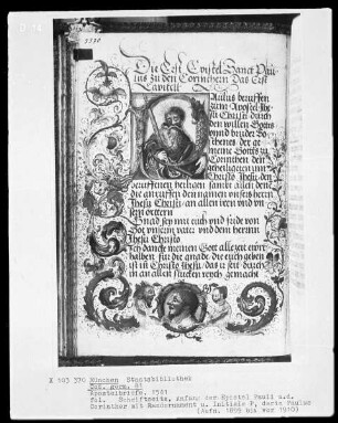Apostelbriefe in der Verdeutschung Martin Luthers — Initiale P, darin Paulus, und Teilbordüre