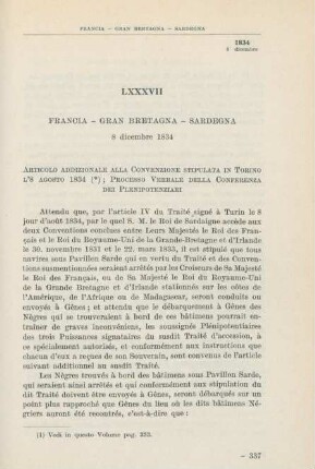 LXXXVII Francia - Gran Bretagna - Sardegna 8 dicembre 1834