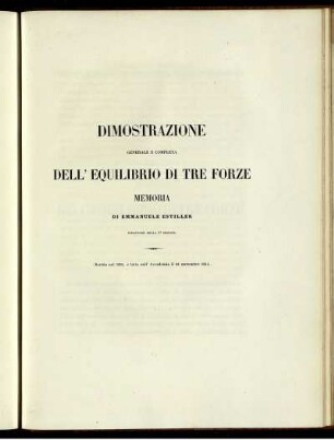 Dimostrazione generale e completa dell' equilibrio di tre forze memoria di Emmanuele Estiller.