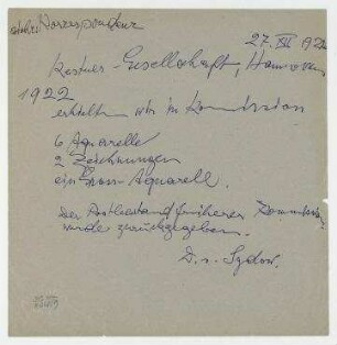 Kestner-Gesellschaft / gez. Dr. v. Sydow an Hannah Höch. Hannover. Bestätigung über von Hannah Höch in Kommission gegebene Werke (Abschrift).