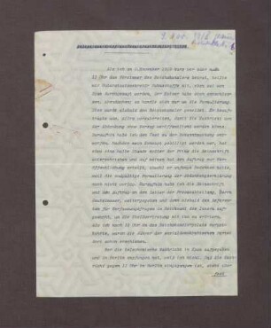 Schreiben von Walter Simons an Prinz Max von Baden bzgl. der Aufzeichnungen Haußmanns über die Ereignisse am 09.11.1918