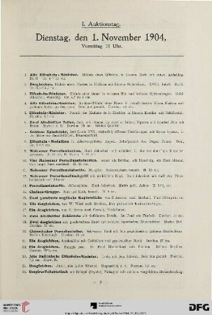 I. Auktionstag. Dienstag, den 1. November 1904, Vormittag 10 Uhr (Nr. 1-197)