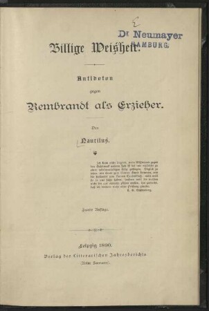 Billige Weisheit : Antidoton gegen Rembrandt als Erzieher