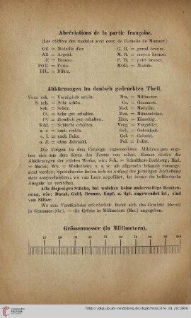 Abréviations de la partie française / Abkürzungen im deutsch gedruckten Theil / Grössenmesser