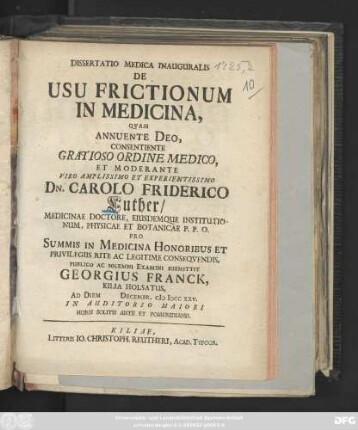 Dissertatio Medica Inauguralis De Usu Frictionum In Medicina
