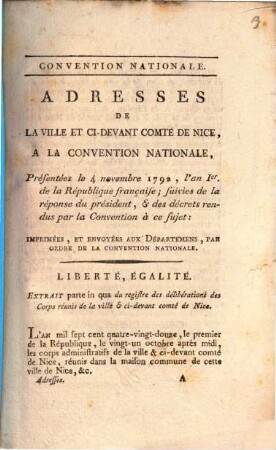 Adresses de la ville ... de Nice, à la Convention Nationale presentées le 4 Nov. 1792
