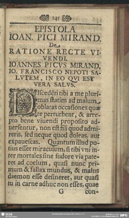 Epistola Ioan. Pici Mirand. De Ratione Recte Vivendi