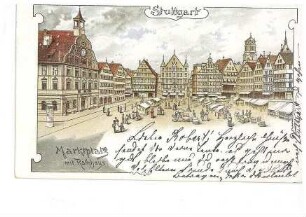 Marktplatz mit Markt und Rathaus in Stuttgart