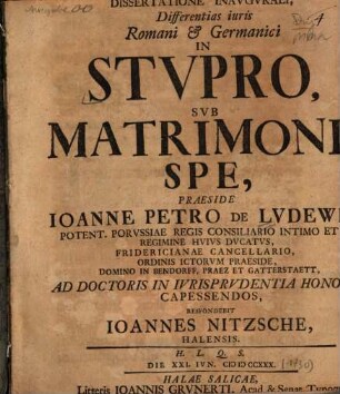 Dissertatione Inavgvrali, Differentias iuris Romani & Germanici In Stvpro Svb Matrimonii Spe
