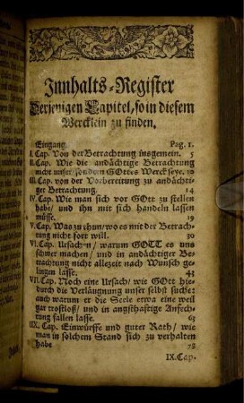 Innhalts-Register Derjenigen Capitel, so in diesem Wercklein zu finden.