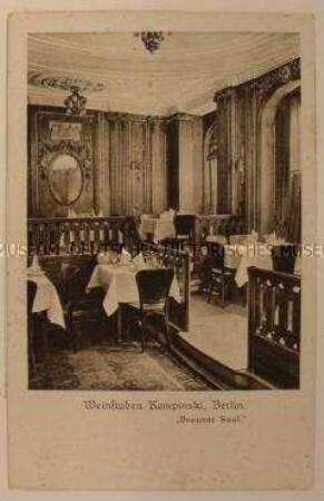 Fotopostkarte von den Weinstuben im "Kempinski", geschrieben von Max Schulze an Ida Thiele; Berlin, 13. Febr. 1915
