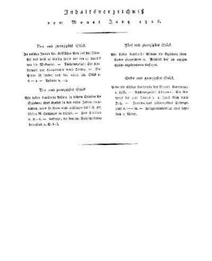 Inhaltsverzeichnis vom Monat Juny 1806