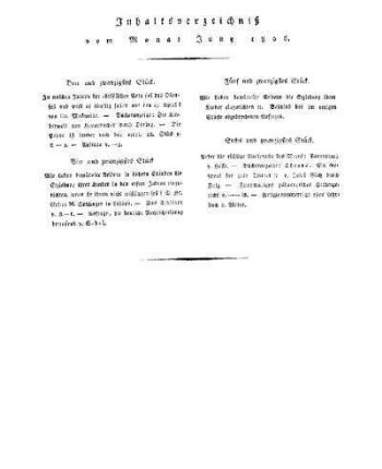 Inhaltsverzeichnis vom Monat Juny 1806