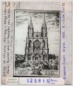 Reims: St. Nicaise, Ansicht der Westfassade. Stich von Nicholas de Son 1625