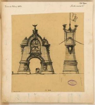 Brückenpfeiler einer Hängebrücke Monatskonkurrenz März 1893: Variante 3: Aufriss (Skizze) Vorderansicht und Seitenansicht des Pfeilers (oberhalb des Straßenniveaus) 1:100