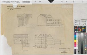 Arnsberg, Regierungshauptgebäude, Altbau, Teilansicht von Osten, Dachaufsicht, Teilansicht von Süden, Querschnitt