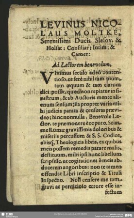 Levinus Nicolaus Moltke, Serenissimi Ducis Slesov. & Holsat : Consiliar : Intem; & Camer: Ad Lectorem benevolum