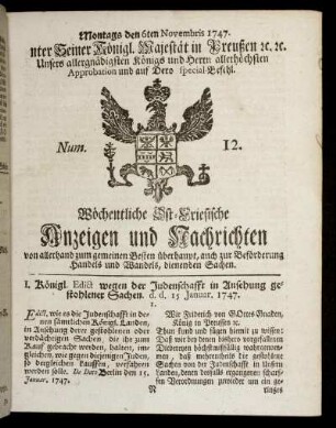Num. 12. Montags den 6ten Novembris 1747.