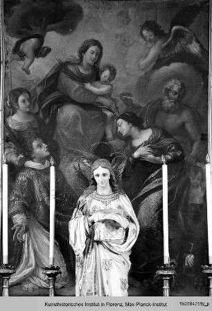 Auf den Wolken schwebende Madonna zwischen den Heiligen Laurentius, Hieronymus, Agnes und Margarethe von Antiochia
