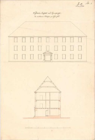 ohne Verfasserangabe; Gersfeld (Hessen); Gräflich Frohberg´sches Schloss - Westseite (Ansicht), Querschnitt