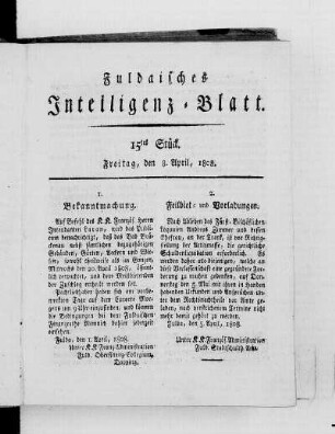 15tes Stück, Ausgabe vom 8. April 1808