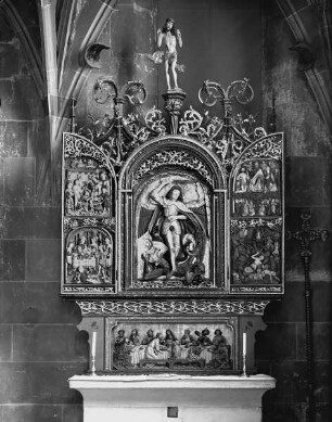Michaelsaltar — linker Flügel, Innenseite: Darstellung der Barmherzigkeit (Almosenspende durch eine Bruderschaft) und Gleichnis vom Reichen und dem armen Lazarus (Lukas 16:19-31)