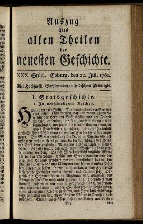 XXX. Stück. Coburg, den 22. Jul. 1761.