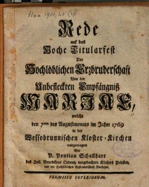 Rede auf das hohe Titularfest der hochlöblichen Erzbruderschaft von der Unbefleckten Empfängniß Maria ... in Wessobrunn