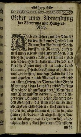 Gebet umb Abwendung der Thewrung und Hungers-Noth.