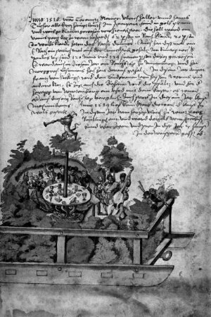 Schembarthandschrift (Texte und Bilder zum Nürnberger Fastnachtswesen) — Bildseite: Venusberg (Umzugswagen Anno 1518)