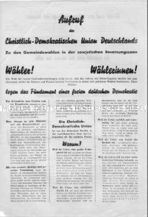 Aufruf der CDU Deutschlands zu den Gemeindewahlen 1946 in der sowjetischen Besatzungszone mit einer Darstellung der Ziele und Forderungen der Partei