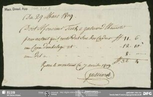 Rechnung von Unbekannt an August Wilhelm von Schlegel, o.O., 29.03.1809